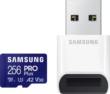 Samsung PRO Plus R180/W130 microSDXC 256GB USB-Kit, UHS-I U3, A2, Class 10